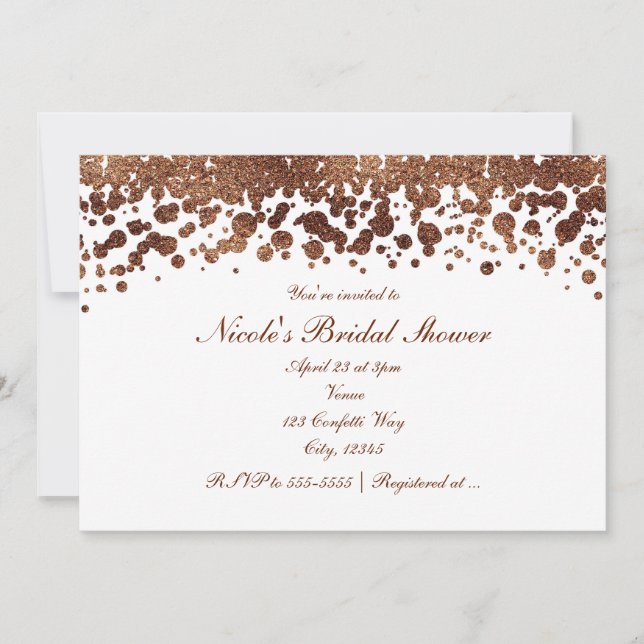 Invitación Confetti blanco y de bronce con brillo glamuroso (Anverso)