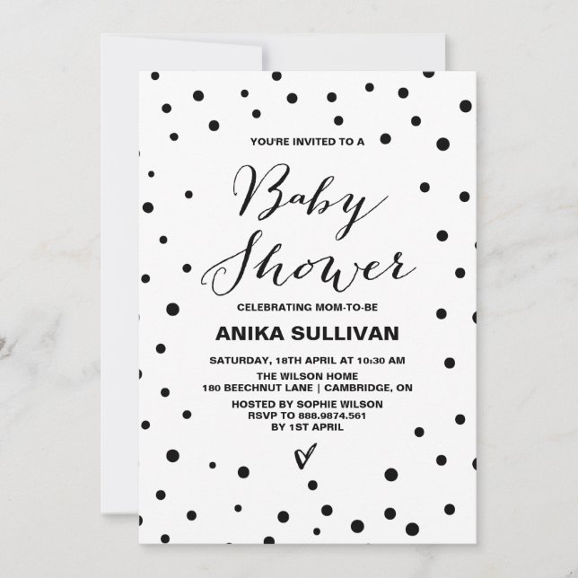 Invitación Confetti blanco y negro: puntos de Baby Shower inv (Anverso)