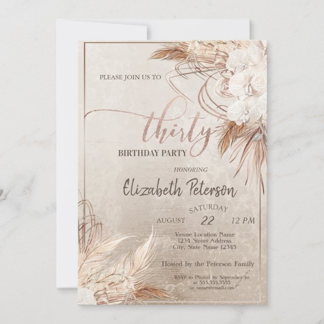 Invitación Confetti Boho Floral Pampas 30 Fiesta de cumpleaño (Anverso)