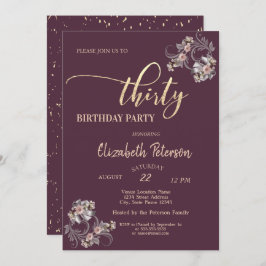 Invitación Confetti Burgundy Floral 30 cumpleaños Fiesta