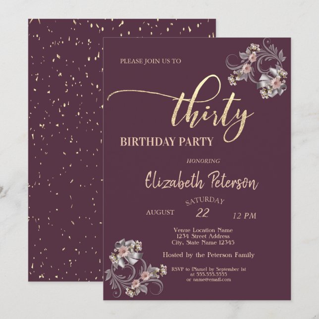 Invitación Confetti Burgundy Floral 30 cumpleaños Fiesta (Anverso / Reverso)