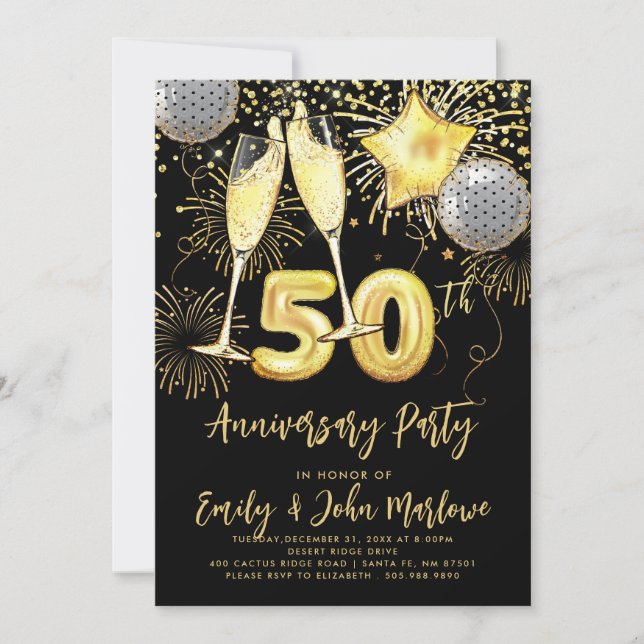 Invitación Confetti Champagne, Purpurina de oro de 50 años (Anverso)