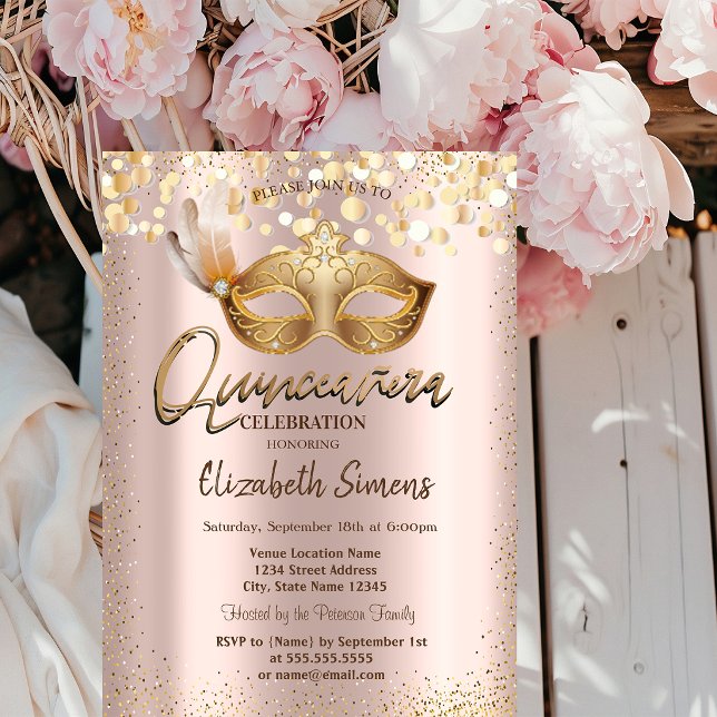 Invitación Confetti Chic Máscara Rosa Dorado Quinceañera (Subido por el creador)