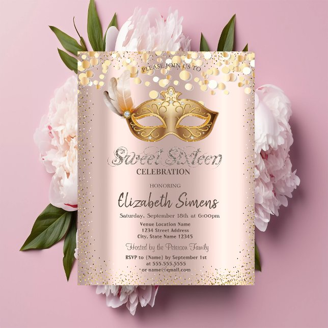 Invitación Confetti Chic Mascarilla Rose Gold Dulces 16 (Subido por el creador)
