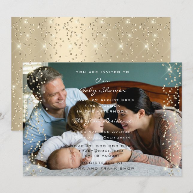 Invitación Confetti, Chica de Baby Shower, Chica de fotografí (Anverso / Reverso)