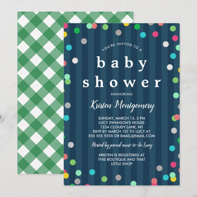 Invitación Confetti colorido - Baby Shower azul oscuro (Anverso / Reverso)