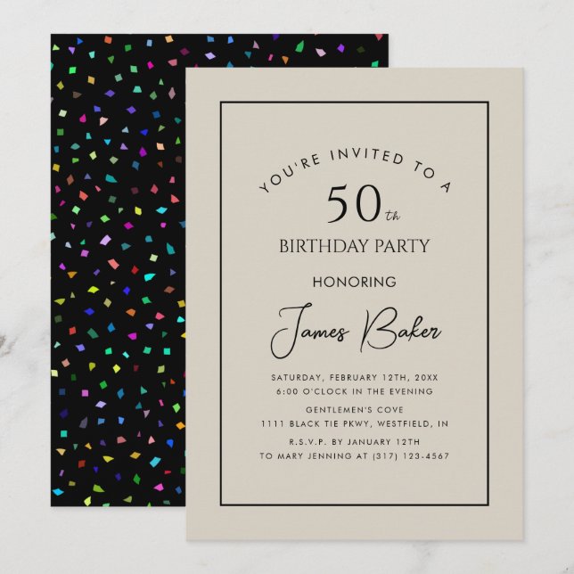 Invitación Confetti, Confetti, 50 Años De Fiesta Para Él (Anverso / Reverso)
