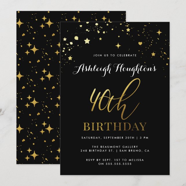 Invitación Confetti contemporáneo negro y oro 40 cumpleaños (Anverso / Reverso)