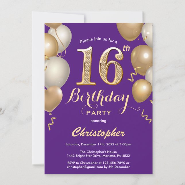 Invitación Confetti de 16 años morado y globos de oro (Anverso)