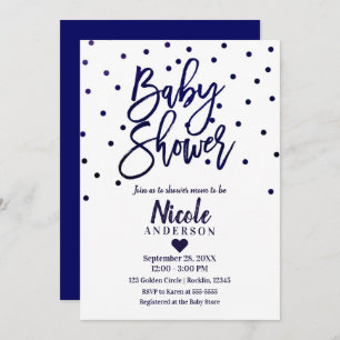 Invitación Confetti de Baby Shower con escritura moderna azul