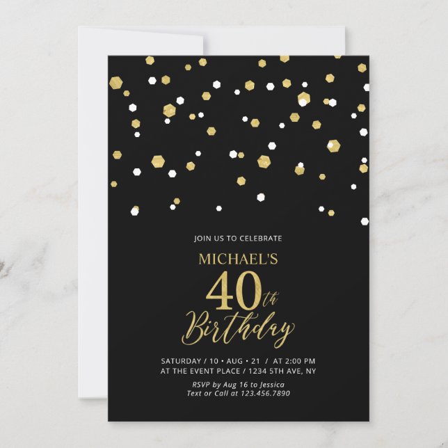 Invitación Confetti de Black & Gold Hexagon 40th Birthday Fie (Anverso)