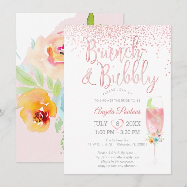 Invitación Confetti de brunch pixDezines con burbujas/rosadas (Anverso / Reverso)