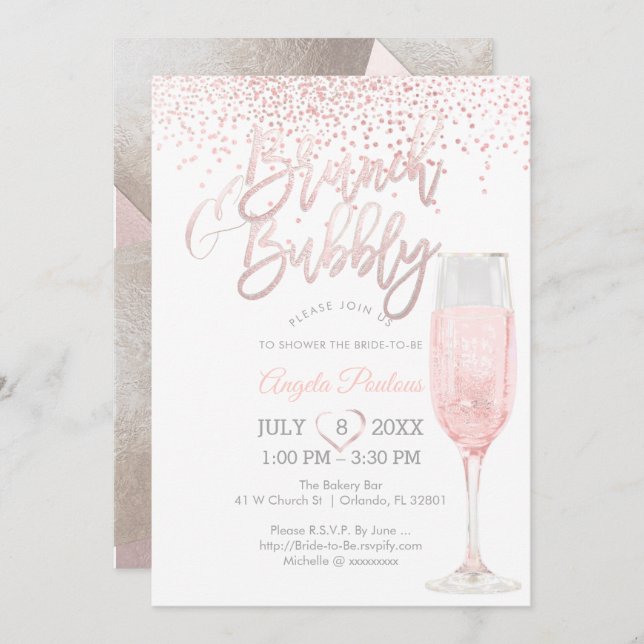 Invitación Confetti de brunch pixDezines con burbujas/rosadas (Anverso / Reverso)
