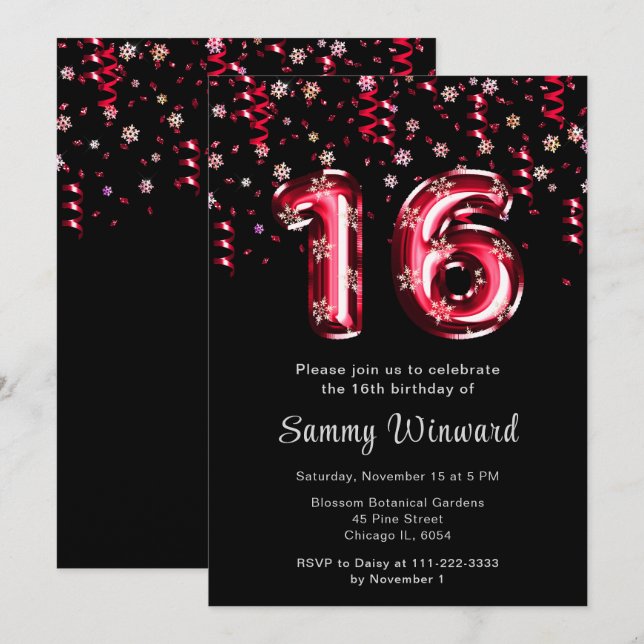 Invitación Confetti de copo de nieve de los globos rojos de c (Anverso / Reverso)