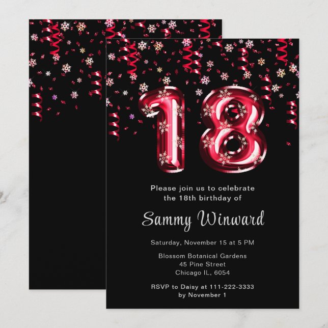 Invitación Confetti de copo de nieve de los globos rojos de c (Anverso / Reverso)