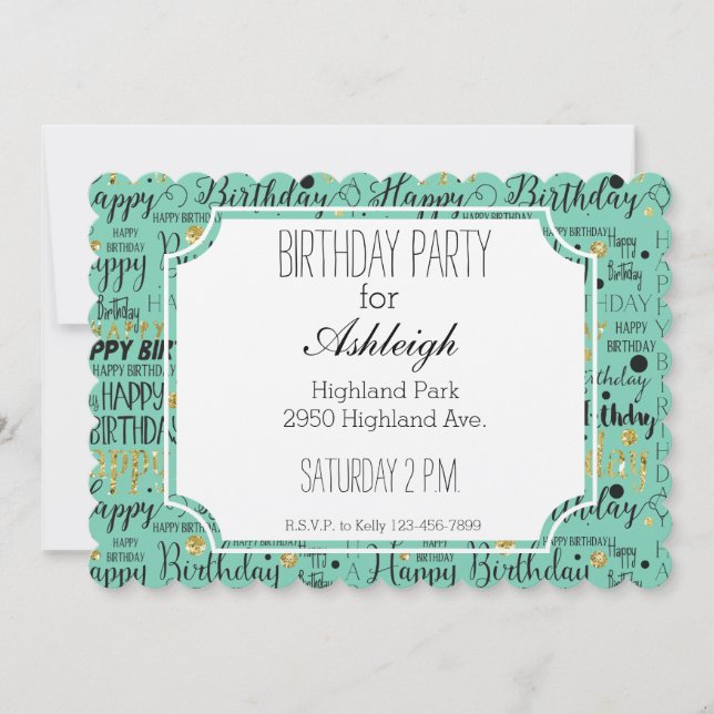 Invitación Confetti de cumpleaños feliz de oro y negro (Anverso)