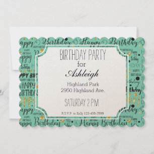 Invitación Confetti de cumpleaños feliz de oro y negro