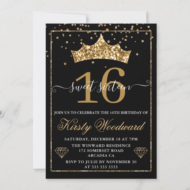 Invitación Confetti de diamante dorado Tiara Sweet 16 (Anverso)