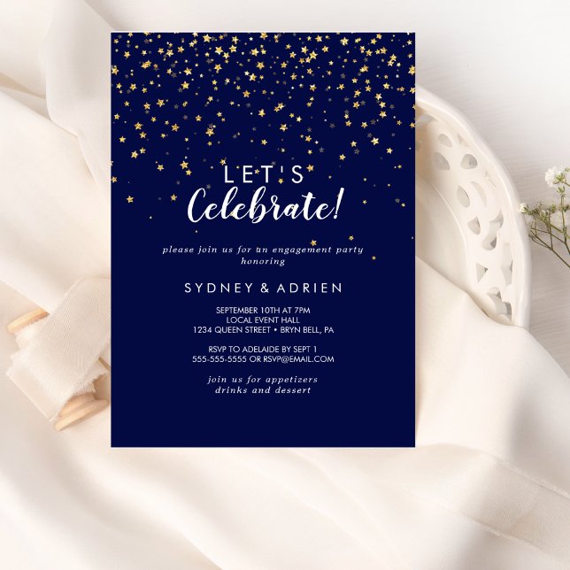 Invitación confetti de efecto metalizado dorado | Armada Cele (Subido por el creador)