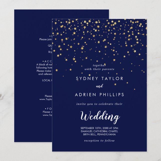 Invitación confetti de efecto metalizado dorado | Boda delant (Anverso / Reverso)