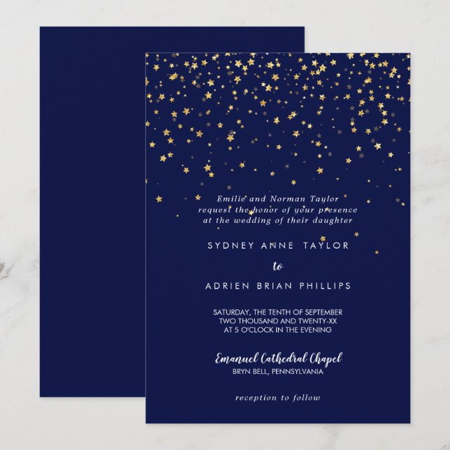 Invitación confetti de efecto metalizado dorado | Boda tradic (Anverso / Reverso)