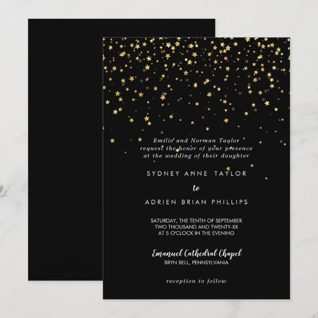 Invitación confetti de efecto metalizado dorado | Boda tradic (Anverso / Reverso)
