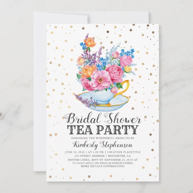 Invitación confetti de efecto metalizado dorado | Floral Brid (Anverso)