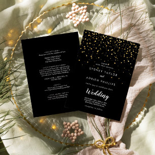 Invitación confetti de efecto metalizado dorado   Frente negr