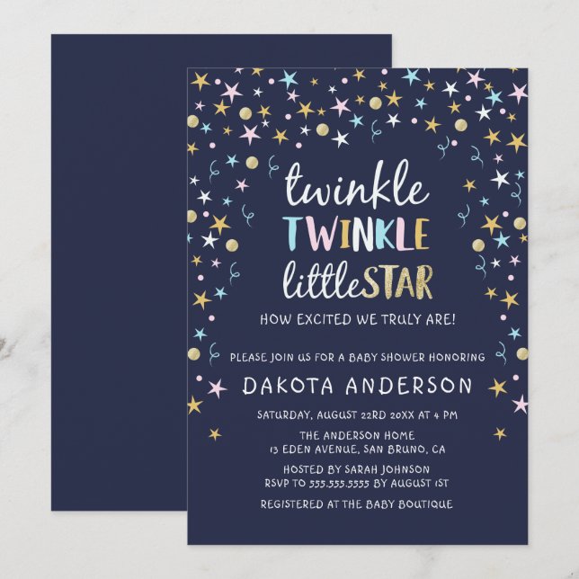 Invitación Confetti de Estrella Pequeña y Baby Shower Azul (Anverso / Reverso)