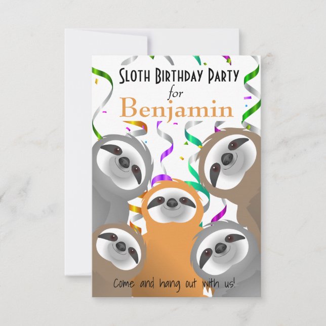 Invitación Confetti de fiesta de cumpleaños de Happy Sloths (Anverso)