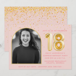Invitación Confetti de globo de oro de 18 años de color rosa