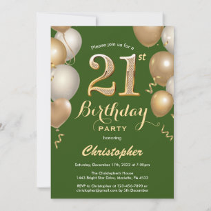 Invitación Confetti de globos de oro y verde por el cumpleaño