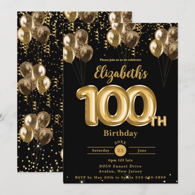 Invitación Confetti de globos negros y dorados 100 cumpleaños (Anverso / Reverso)