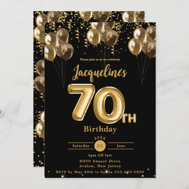 Invitación Confetti de globos negros y dorados 70 cumpleaños (Anverso / Reverso)
