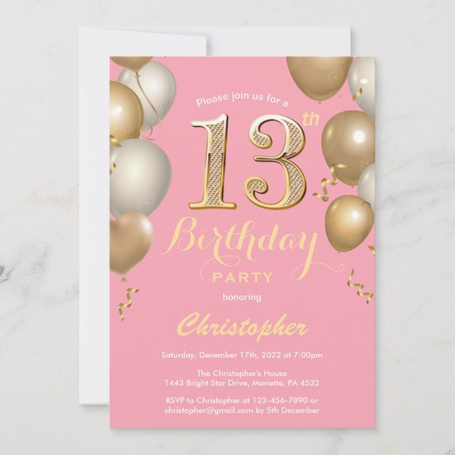 Invitación Confetti de globos rosados y dorados de 13 años (Anverso)