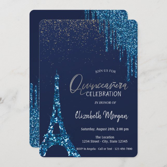 Invitación Confetti de goteo azul, Torre Eiffel Quinceañera (Anverso / Reverso)