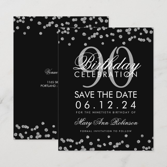 Invitación Confetti de la fecha de salvamento de cumpleaños 9 (Anverso / Reverso)