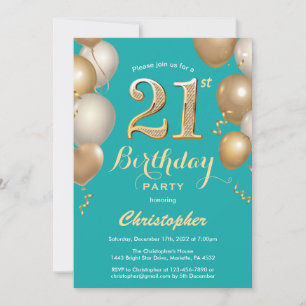 Invitación Confetti de los Globos Verde azulados y de Oro