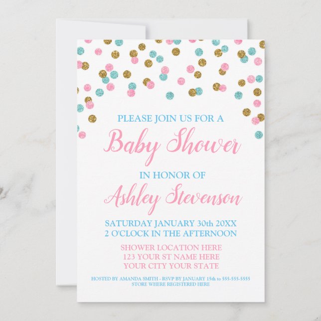 Invitación Confetti de oro azul rosado género Baby Shower neu (Reverso)