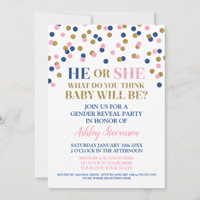 Invitación Confetti de oro azul rosado género ducha revelador (Reverso)