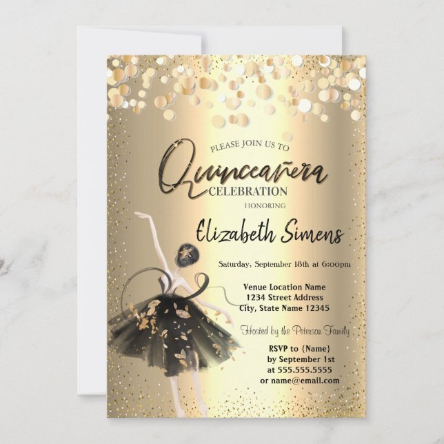 Invitación Confetti de oro, Ballerina de vestir negra Quincea (Anverso)