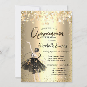 Invitación Confetti de oro, Ballerina de vestir negra Quincea