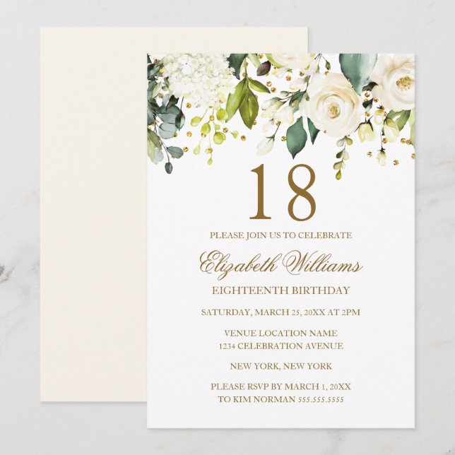 Invitación Confetti de oro blanco floral 18 cumpleaños (Anverso / Reverso)