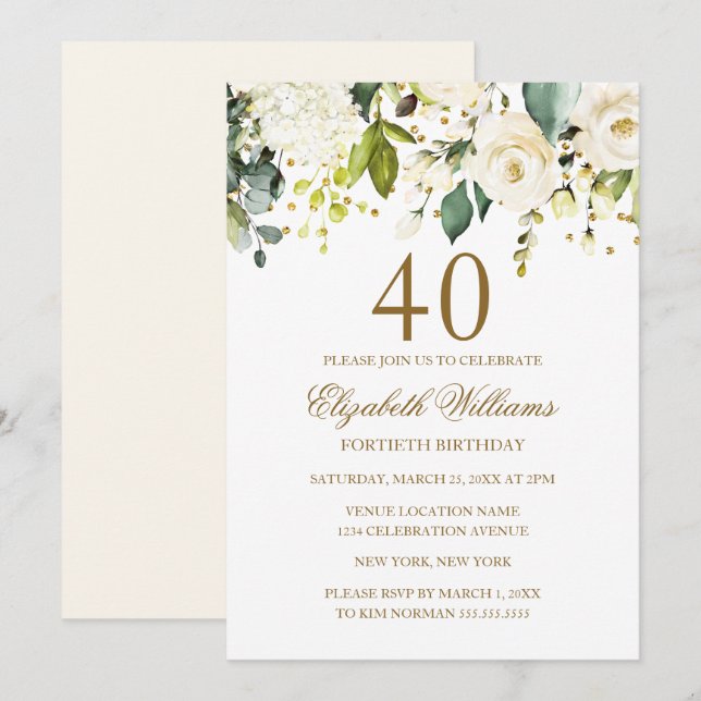 Invitación Confetti de oro blanco floral 40 cumpleaños (Anverso / Reverso)