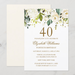 Invitación Confetti de oro blanco floral 40 cumpleaños