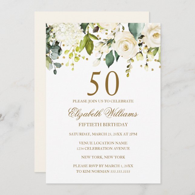 Invitación Confetti de oro blanco floral 50 cumpleaños (Anverso / Reverso)