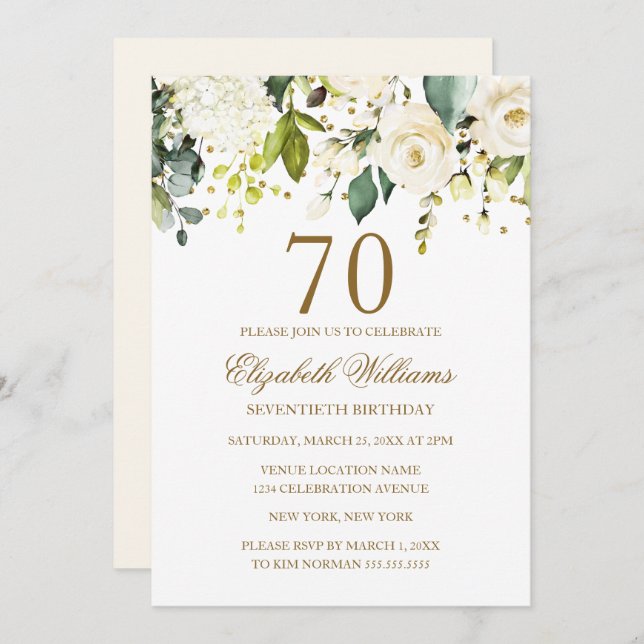 Invitación Confetti de oro blanco floral 70 cumpleaños (Anverso / Reverso)