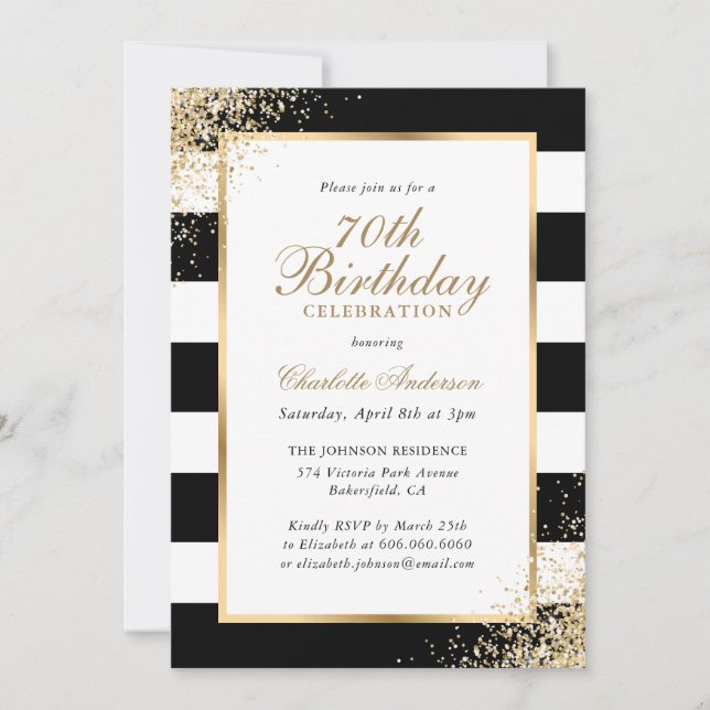 Invitación Confetti de oro blanco negro 70 cumpleaños (Anverso)