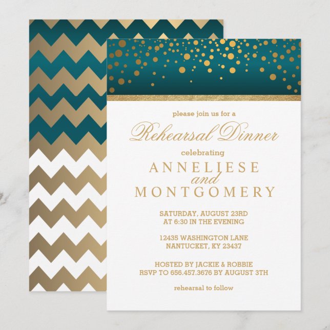 Invitación Confetti de oro blanco y Verde azulado - Cena de e (Anverso / Reverso)