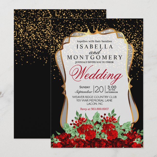 Invitación Confetti de oro, Boda floral negro y rojo (Anverso / Reverso)